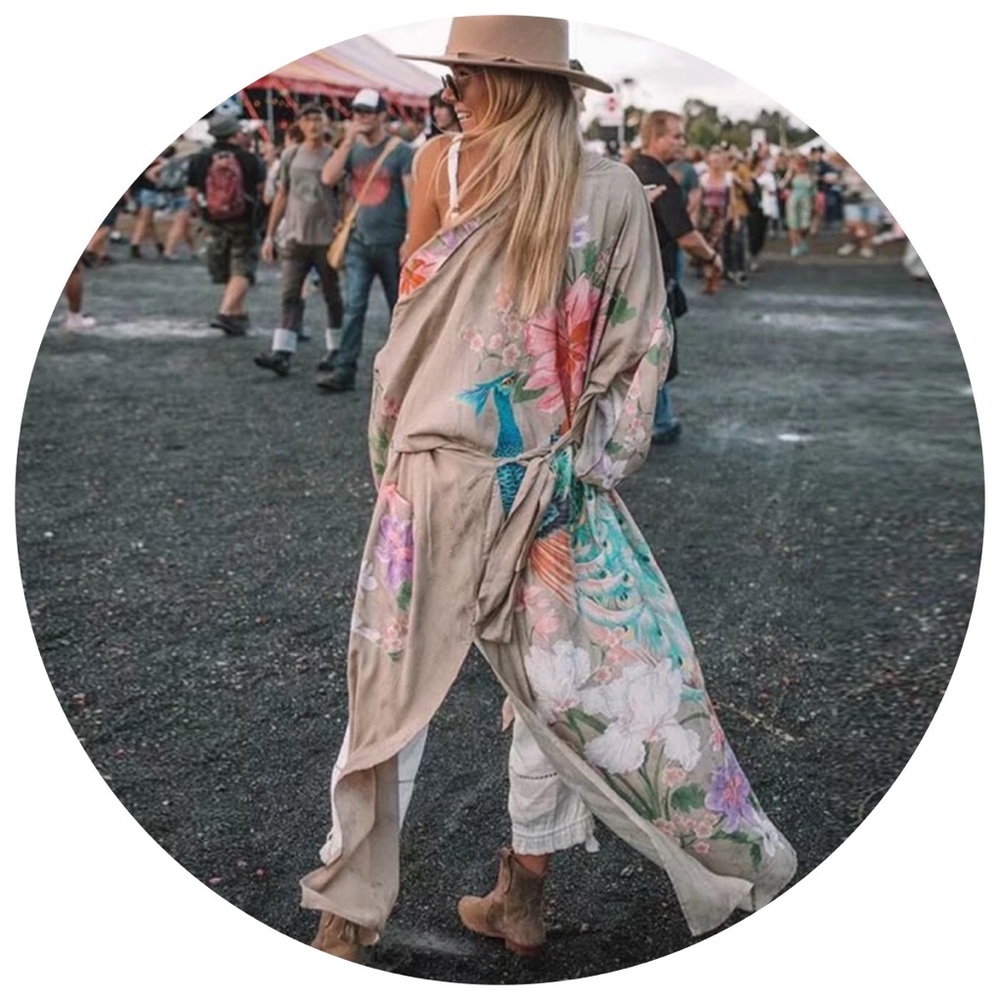 Boho Gypsy Floral Print Maxi Kimono Tan Peacock - Picture 3 of 8